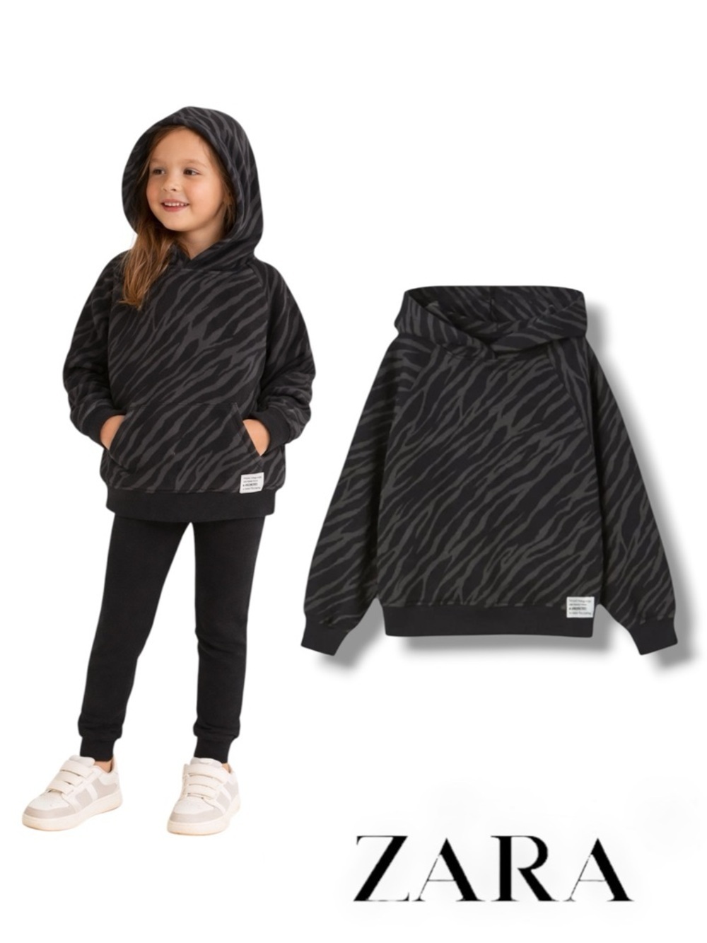 ZARA Kids Black Gray Animal Print Hoodie NWT Size 6